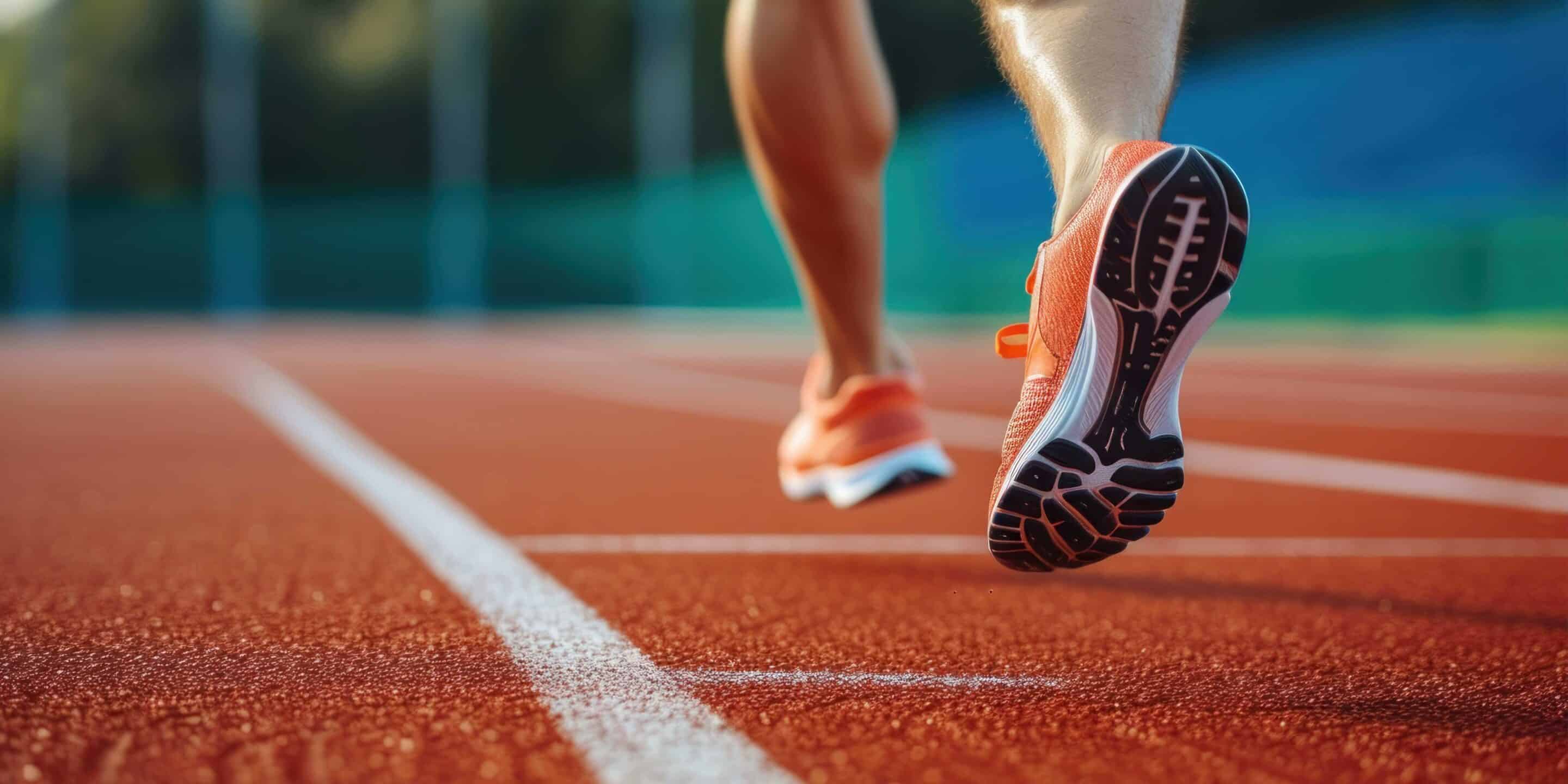 Athlete running on racetrack at stadium. Close up of athlete legs.