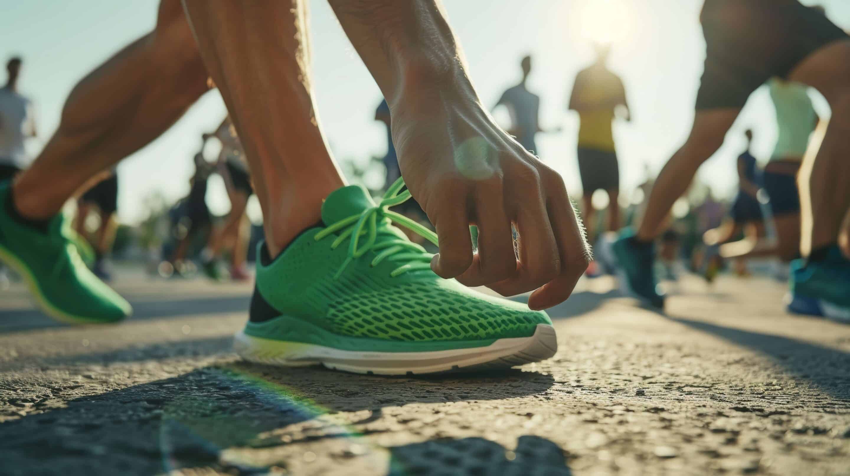 Shoes, hand, and stretching with a city athlete caressing his toes during a workout. Closeup of male athlete's health, training, and workout before competition.