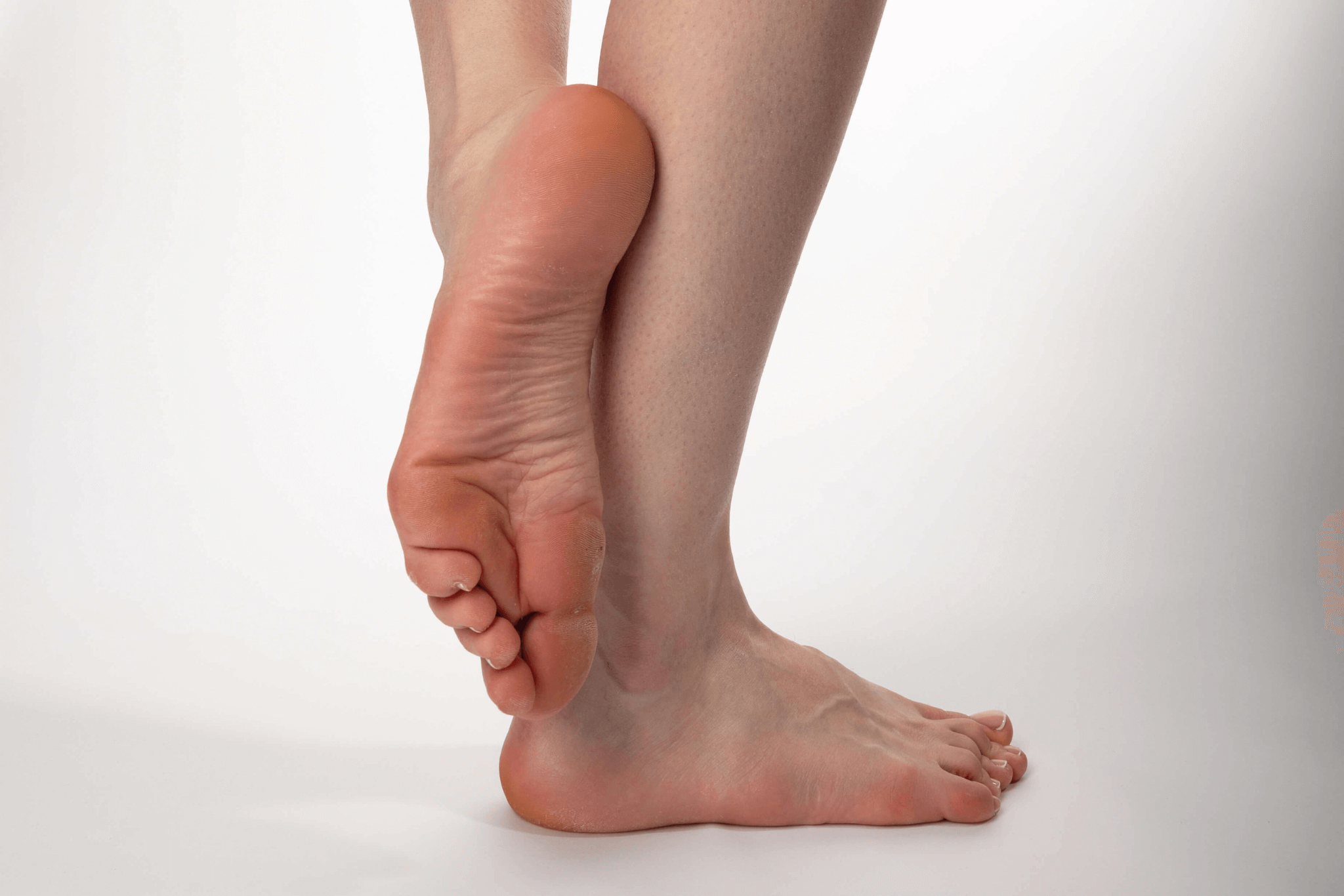 slender long female legs on a white background